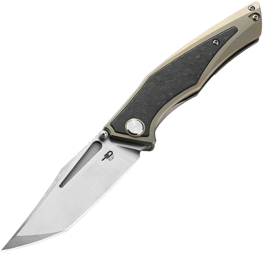 A folded knife with a satin finish blade, bronze titanium handle with carbon fiber inlay, thumb stud, and pocket clip.