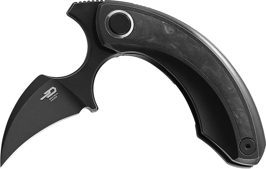 A folded pocket knife with a black titanium handle and a black coated stainless steel blade, featuring a framed lock mechanism.