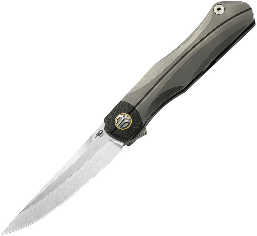 A folded pocket knife with a satin finish blade and gray titanium handle with carbon fiber inlay.