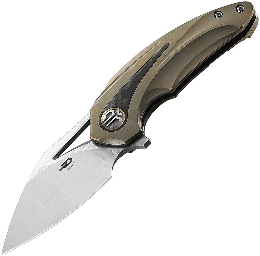 A folded pocket knife with a bronze-colored handle and a satin finish blade, featuring a thumb pull and pocket clip.