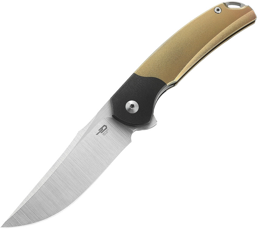 A folded knife with a gold anodized titanium handle and a vertical satin finish blade, featuring a pocket clip and a black nylon zippered storage case.