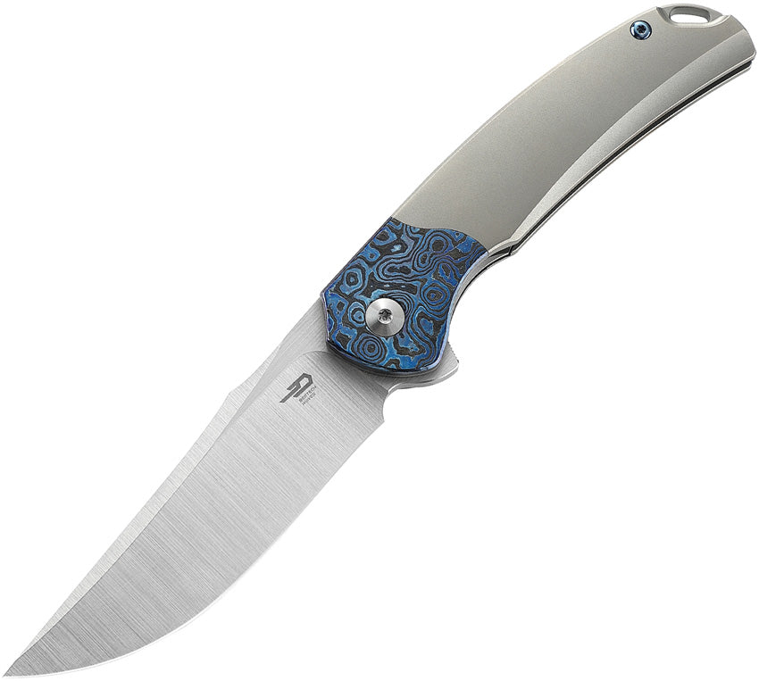 A folded hunting knife with a gray titanium handle and a satin finish blade, featuring intricate blue patterns on the handle.