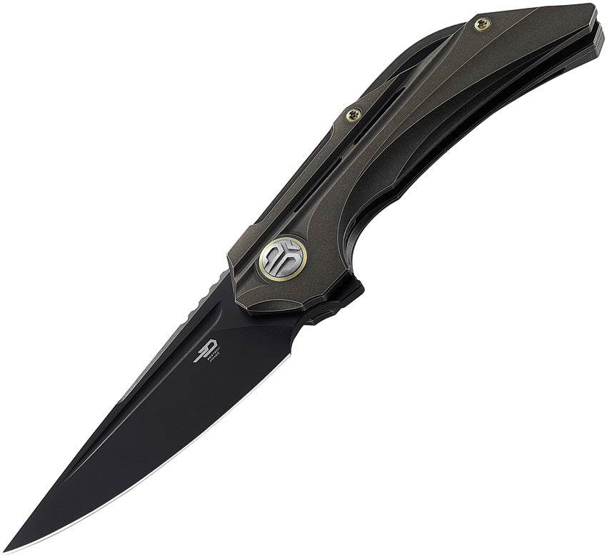 A folded pocket knife with a black stonewash finish blade and bronze titanium handle, featuring a framelock mechanism.