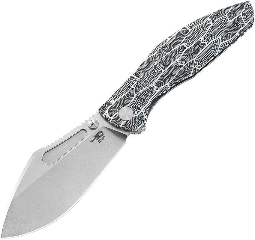 A folding knife with a black and white G10 handle and a stonewash finish stainless steel blade, featuring a pocket clip and thumb stud. The knife is partially open, displaying the blade and the handle.