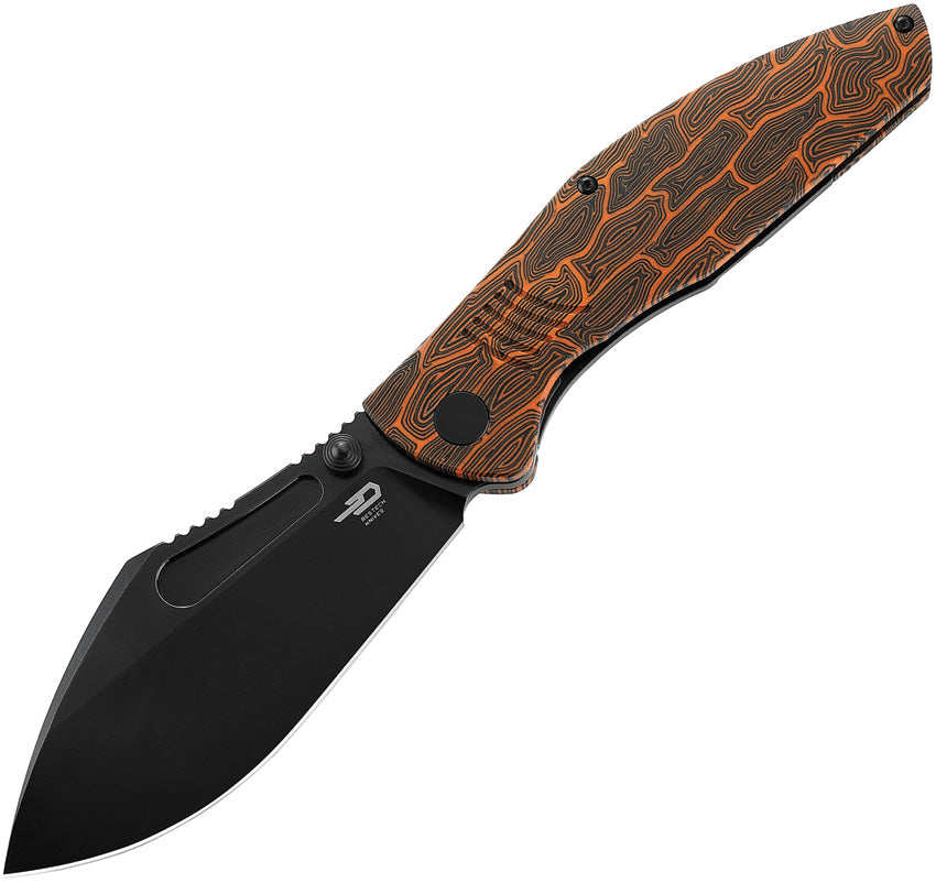 A folding knife with a black finish titanium frame and black/orange G10 handle, featuring a pocket clip and thumb stud. The knife is partially open, displaying the blade and the handle.