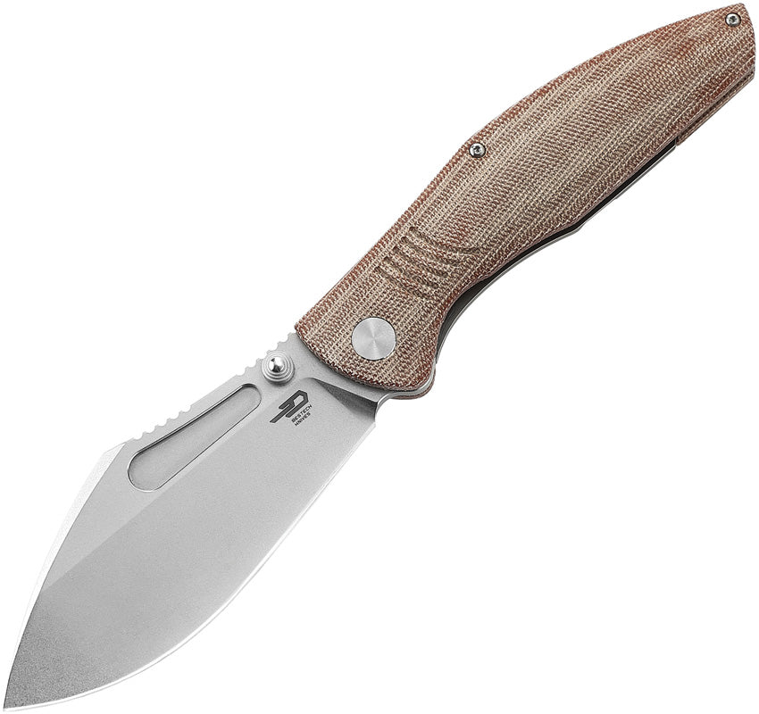 A folding knife with a stonewash finish blade and natural micarta handle, featuring a pocket clip and bead blast finish titanium frame.