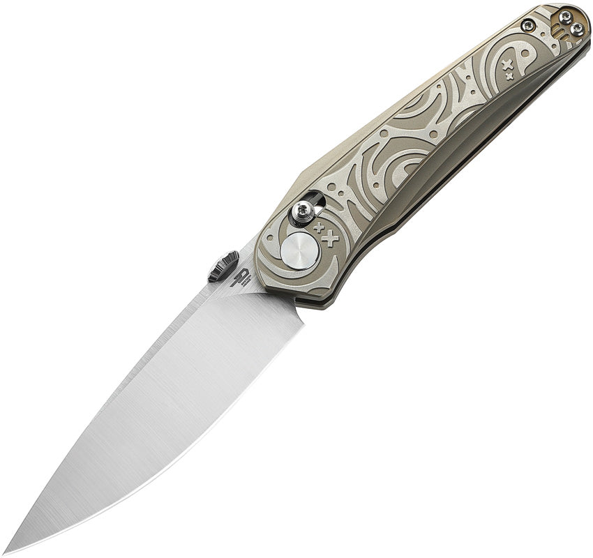 A folded pocket knife with a bronze and gray titanium handle, featuring a satin finish blade and decorative embossing on the handle.