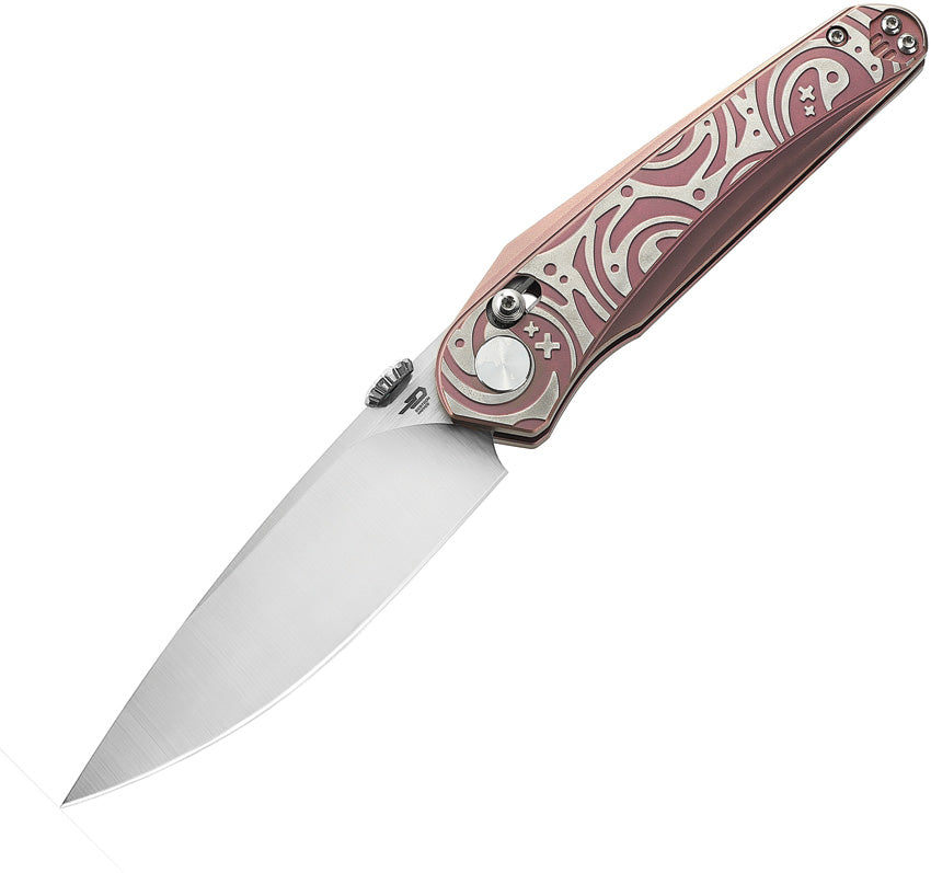 A folding knife with a pink and silver titanium handle and a satin finish stainless steel blade, marked with the Bestech Knives brand logo.