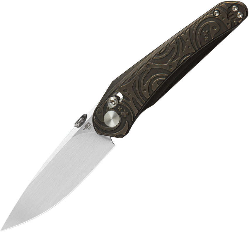 A folded pocket knife with a bronze and black handle featuring a satin finish blade and thumb disk.