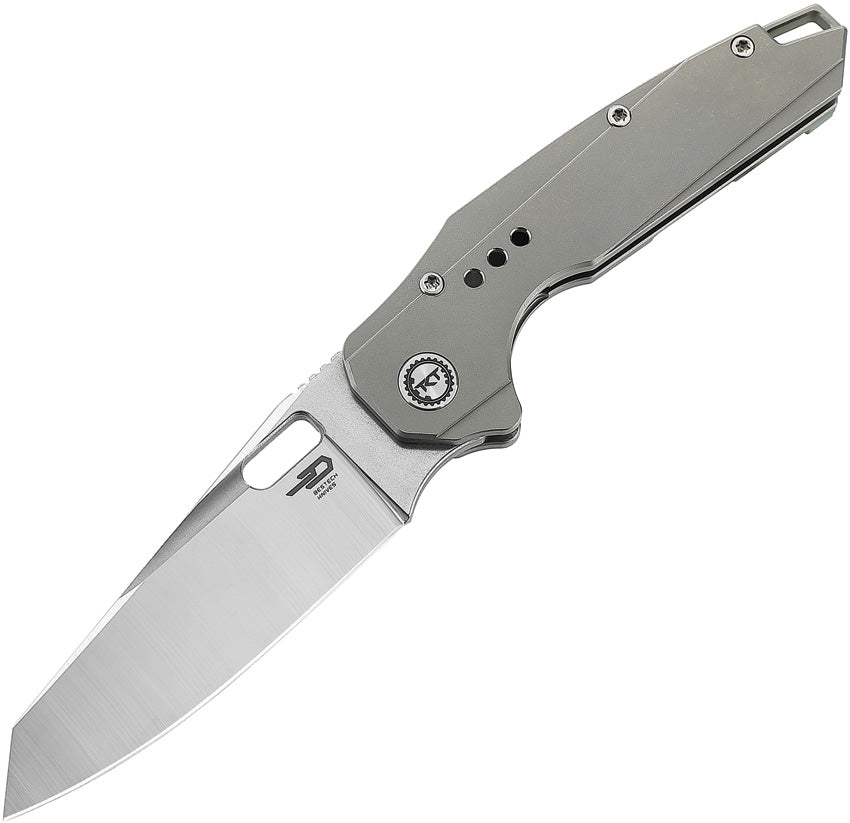 A folded pocket knife with a gray titanium handle and a stonewash and satin finish stainless steel blade, featuring a thumb pull, lanyard hole, and pocket clip.