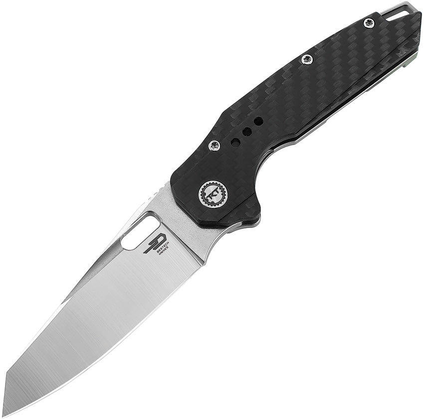 A folded pocket knife with a silver blade and black carbon fiber handle with titanium back, featuring a thumb pull, lanyard hole, and a pocket clip.