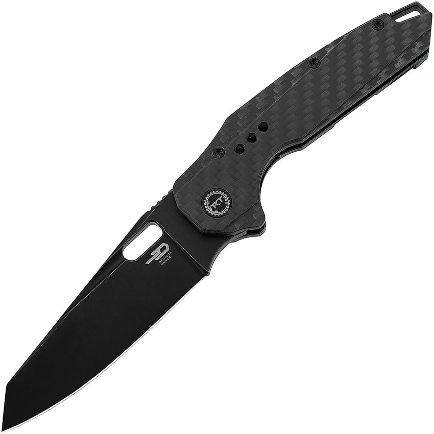 A black folding knife with a carbon fiber handle and a titanium back handle, featuring a black stonewash finish. The knife is partially open, displaying the blade and the handle details.