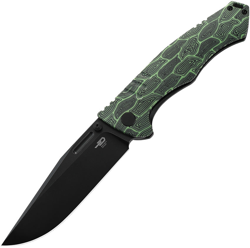 A folding knife with a black stonewash finish blade and black/G10 green handle with a titanium back handle. It features a thumb stud, lanyard hole, and a pocket clip.