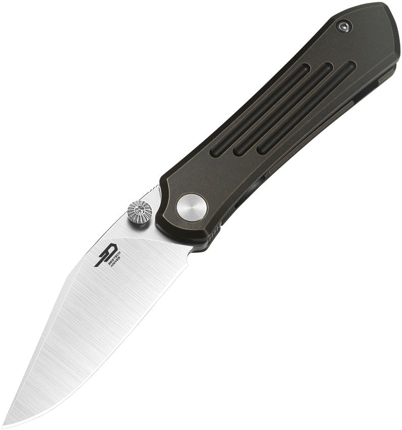 A folded pocket knife with a satin finish blade, black and bronze anodized titanium handle, thumb stud, and pocket clip.