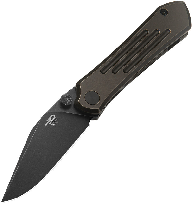 A folded pocket knife with a black stonewash finish blade, black and bronze anodized titanium handle, and a thumb stud. The knife is partially open, displaying the blade and the handle.