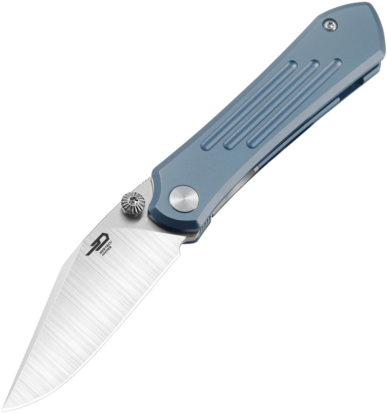 A folded pocket knife with a blue titanium handle and a satin finish blade, featuring a thumb stud and extended tang.