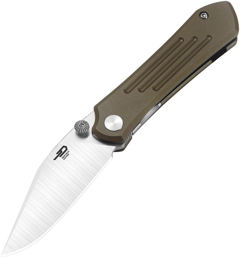 A folded pocket knife with a bronze anodized titanium handle and a satin finish blade.