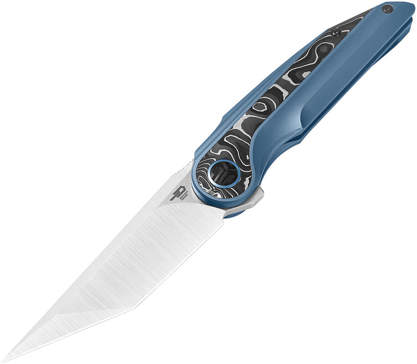 A folding knife with a blue anodized titanium handle and silver carbon fiber inlay, featuring a stonewash and satin finish blade.