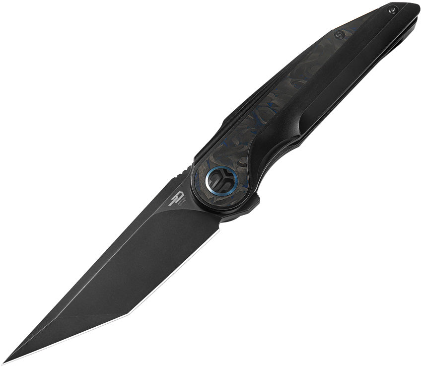 A black folding knife with a stonewash finish blade and a black anodized titanium handle with blue marble carbon fiber inlay, featuring a pocket clip and extended tang.