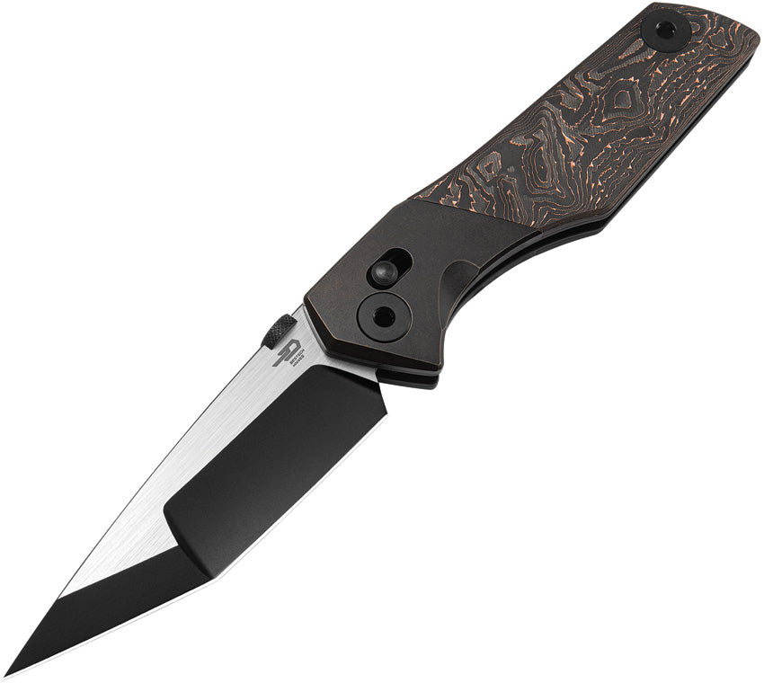 A folding knife with a tanto blade design, featuring a copper-colored handle with carbon fiber patterns and a black PVD coating on the blade.