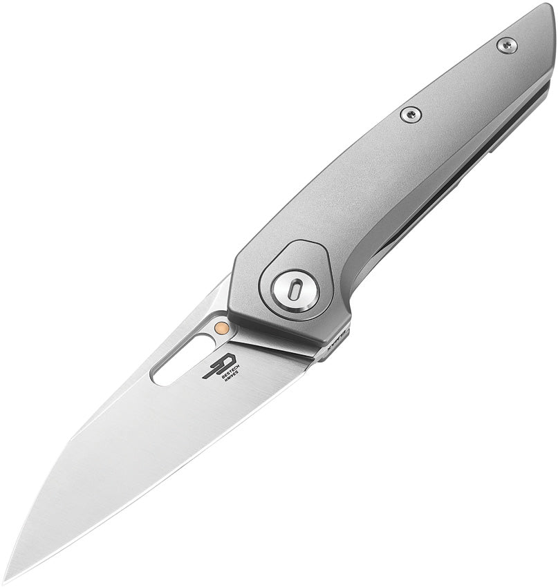A folded pocket knife with a satin finish blade and a stonewash finish titanium handle, featuring a thumb pull and a pocket clip.