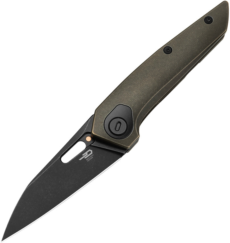 A folded knife with a black stonewash finish blade and black and bronze stonewash finish titanium handle, featuring a thumb pull and pocket clip.