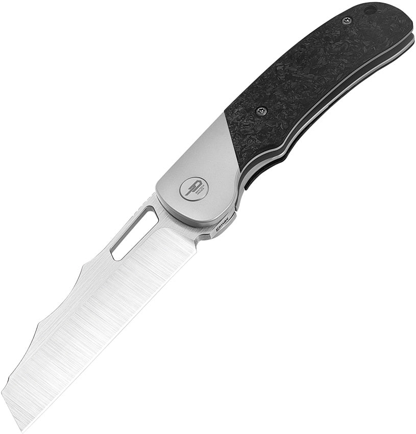 A folded knife with a satin finish blade and a black and gray marbled carbon fiber handle, featuring a titanium bolster and thumb pull, with a lanyard hole and a pocket clip.