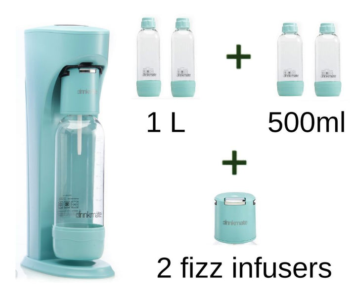 Drinkmate Sparkling Water and Soda Maker - Artic Blue with 2 x 1 Litre Bottle and 2 x 0.5 Litre Bottles