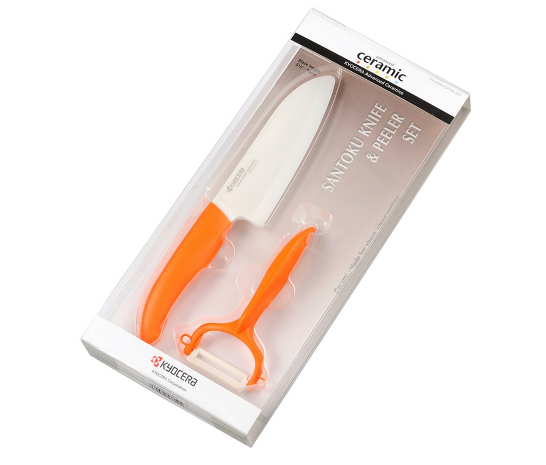 Kyocera Santoku Knife + Rod Handle Peeler Set - Orange