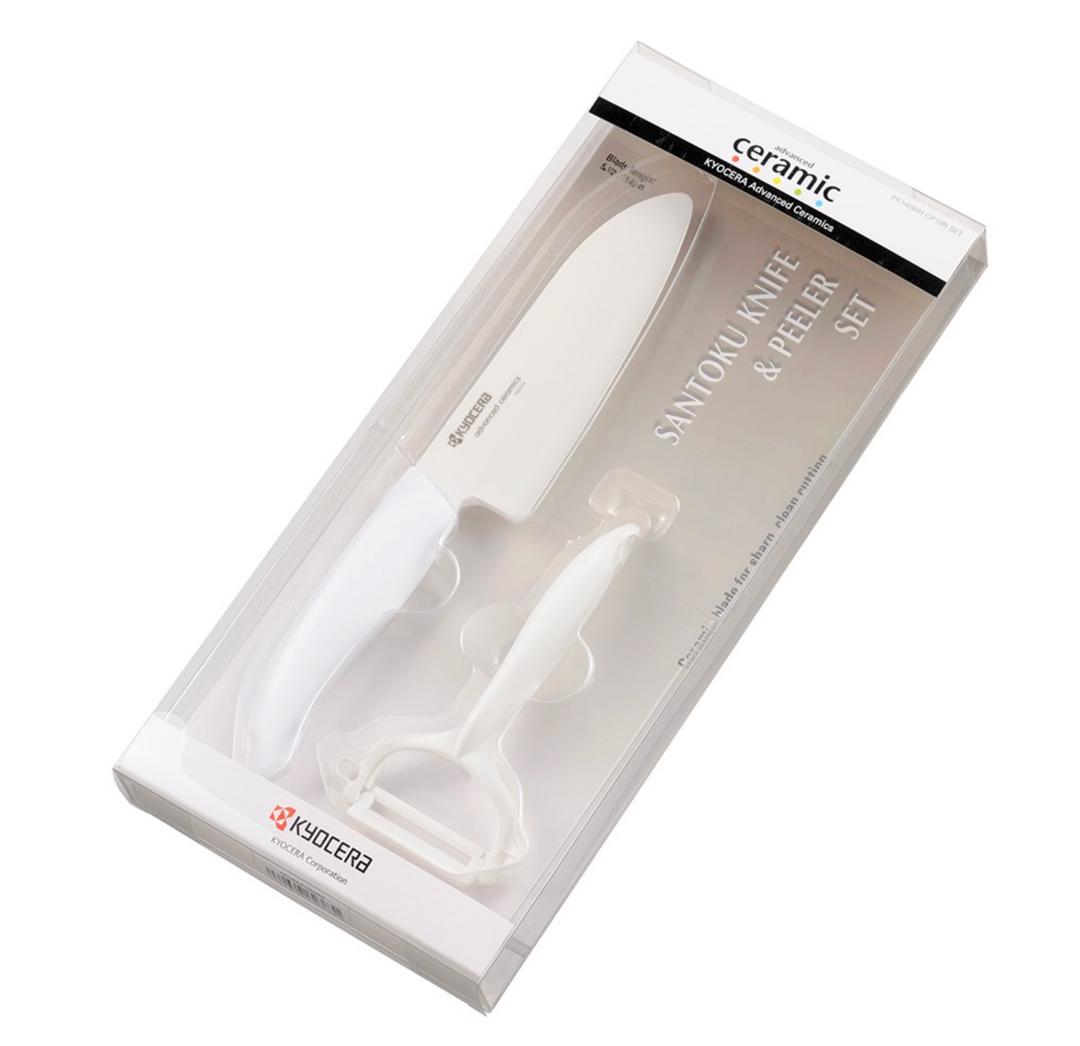 Kyocera Santoku Knife + Rod Handle Peeler Set - White