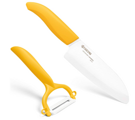 Santoku Knife - Kyocera Yellow Santoku Knife And Rod Handle Peeler Set | King of Knives