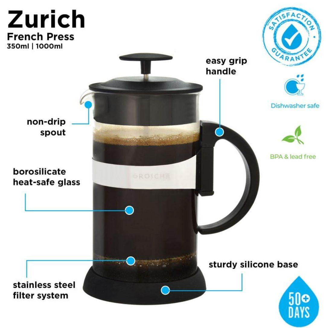 Grosche French Press: Zurich - Black, 1000ml/34 fl. oz/8 cup