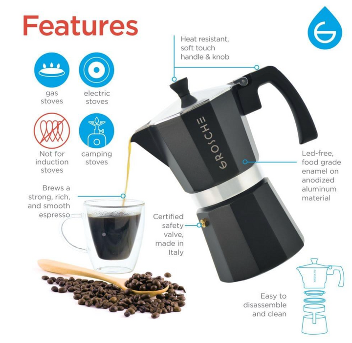Grosche Stovetop Espresso Coffee Maker: Milano - Charcoal, 6 cup