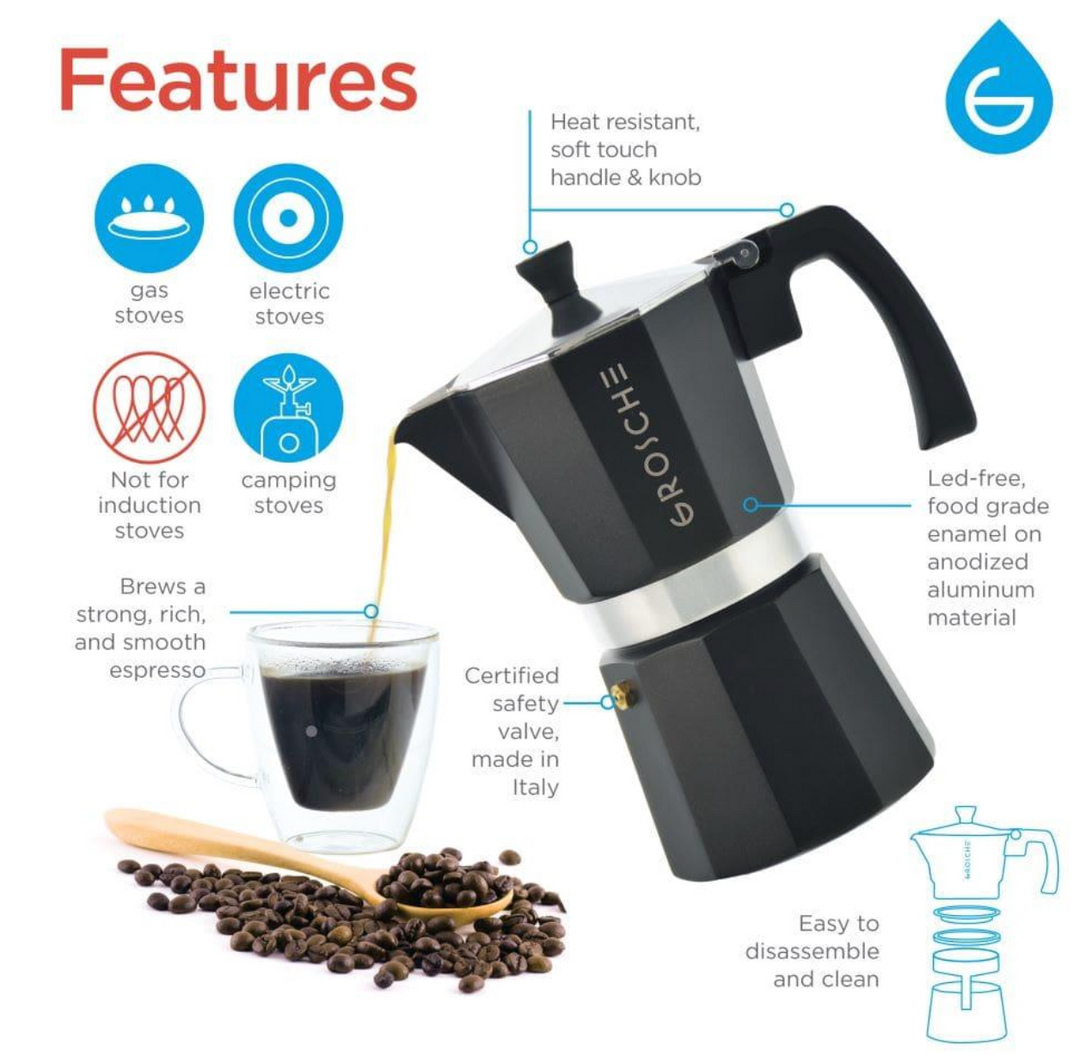 Grosche Stovetop Espresso Coffee Maker: Milano - Charcoal, 9 cup