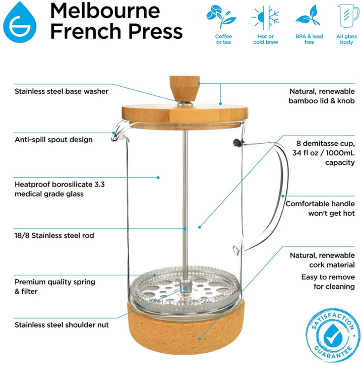Grosche French Press: MELBOURNE 8 Cup Bamboo & Cork French Press coffee maker