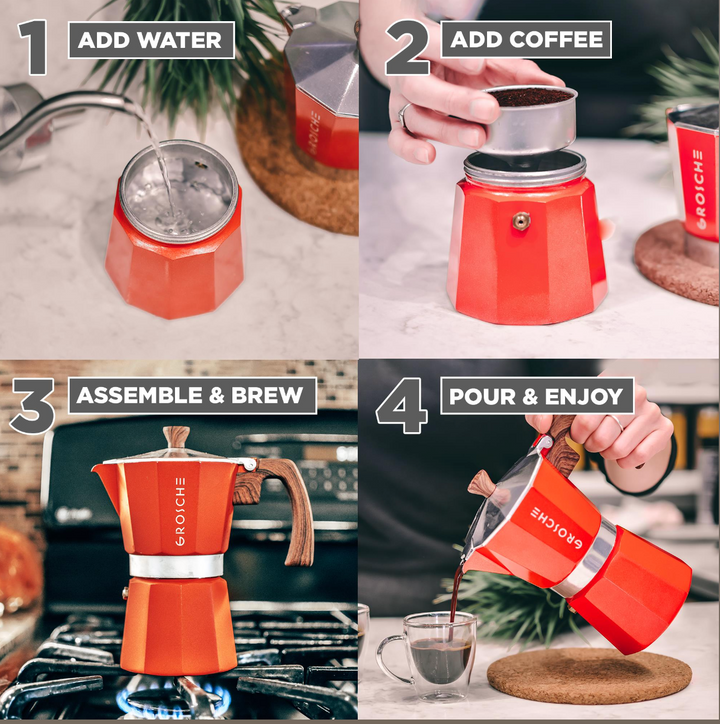 Grosche Milano Stovetop Espresso Maker 3 Cup Red with visual instructions for use