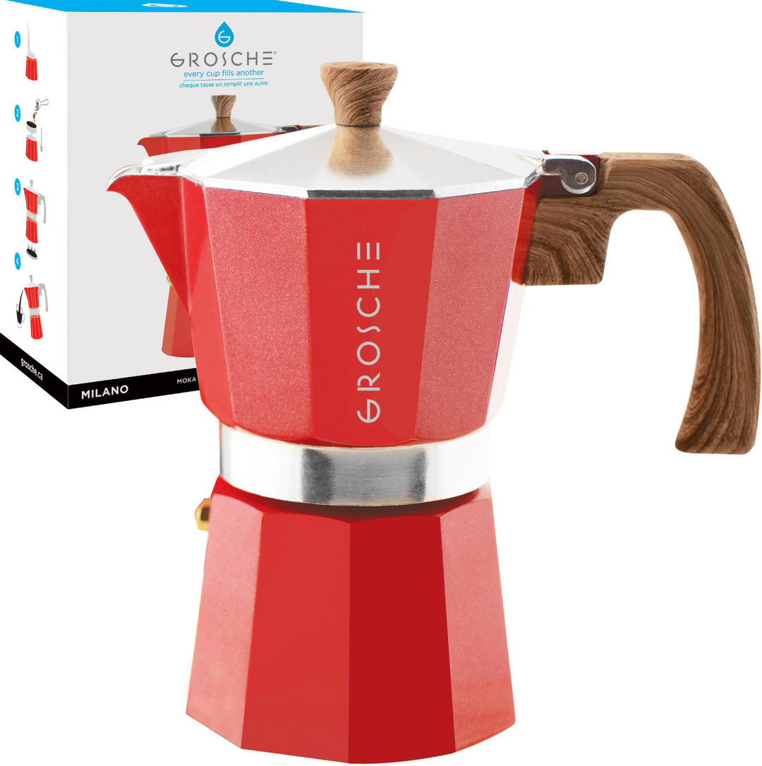 Grosche Milano Stovetop Espresso Maker 6 Cup Red with box