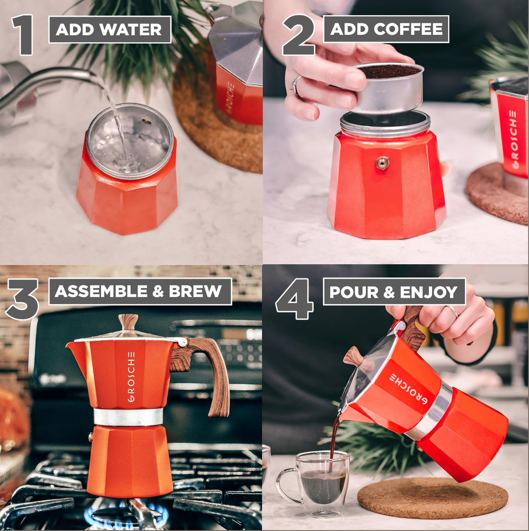 Grosche Milano red 6-cup stovetop espresso maker with visual instructions for use