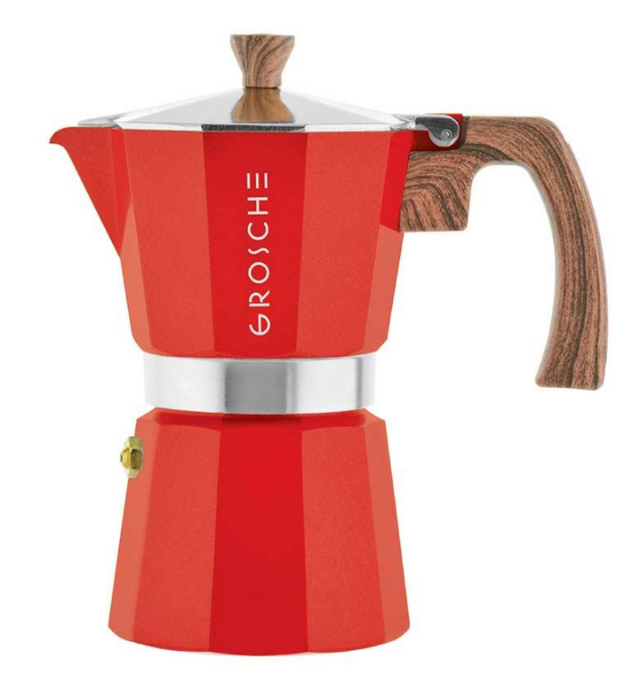 Grosche Milano red 6-cup stovetop espresso maker with classic moka pot design