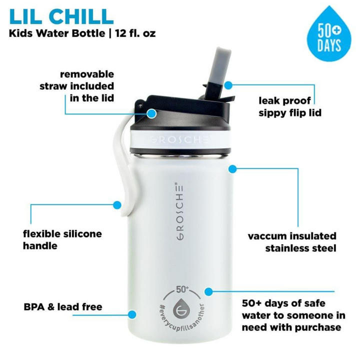 Grosche Lil Chill Kids SS Insulated Sip Flask - White, 12 oz