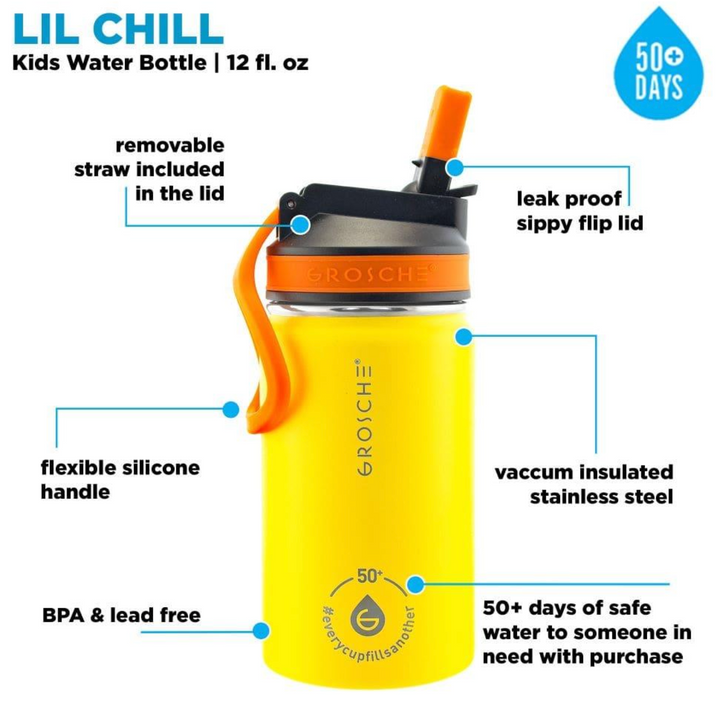 Grosche Lil Chill Kids SS Insulated Sip Flask 12 oz Yellow stainless steel insulated sip flask with leak-proof lid, supports 50+ days of safe water