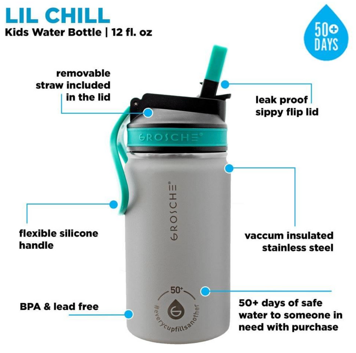 Grosche Lil Chill Kids SS Insulated Sip Flask 12 oz Grey stainless steel insulated sip flask with leak-proof lid, supports 50+ days of safe water