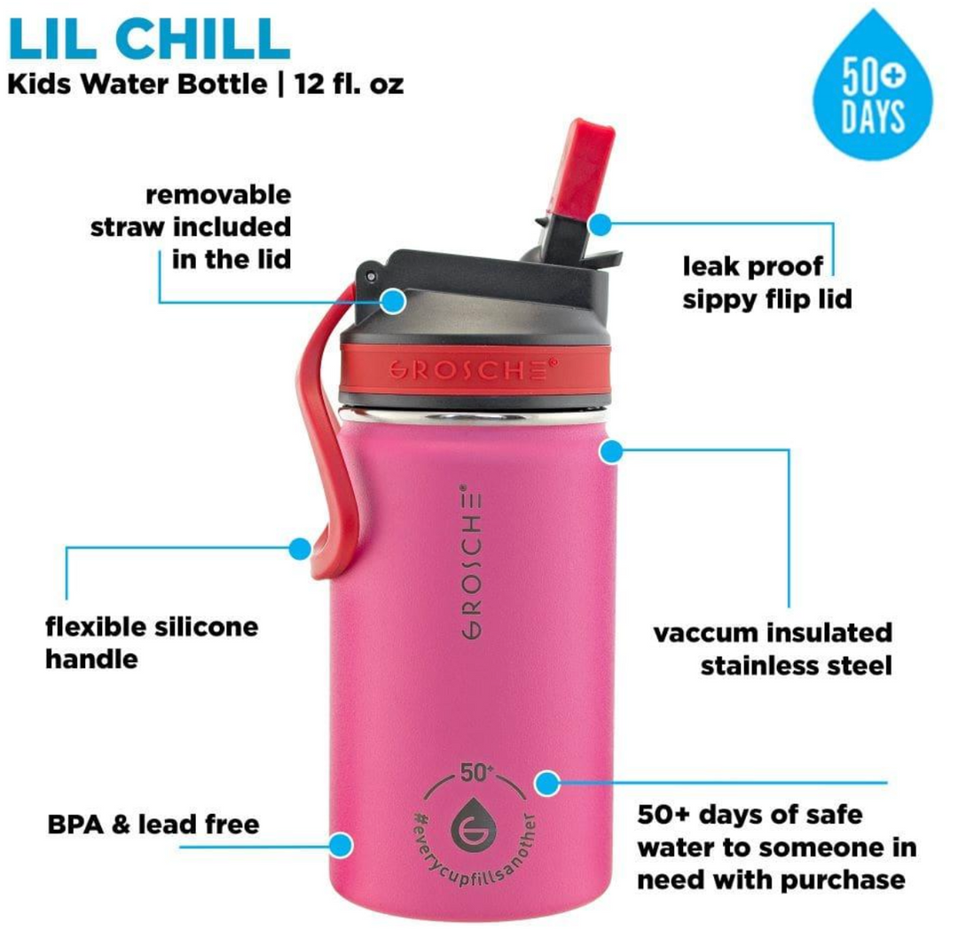 Grosche Lil Chill Kids SS Insulated Sip Flask - Pink, 12 oz