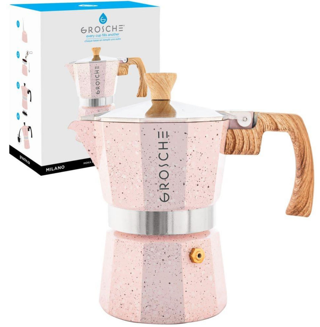 Grosche Milano Stone Blush Pink 3 Cup Moka Pot with box