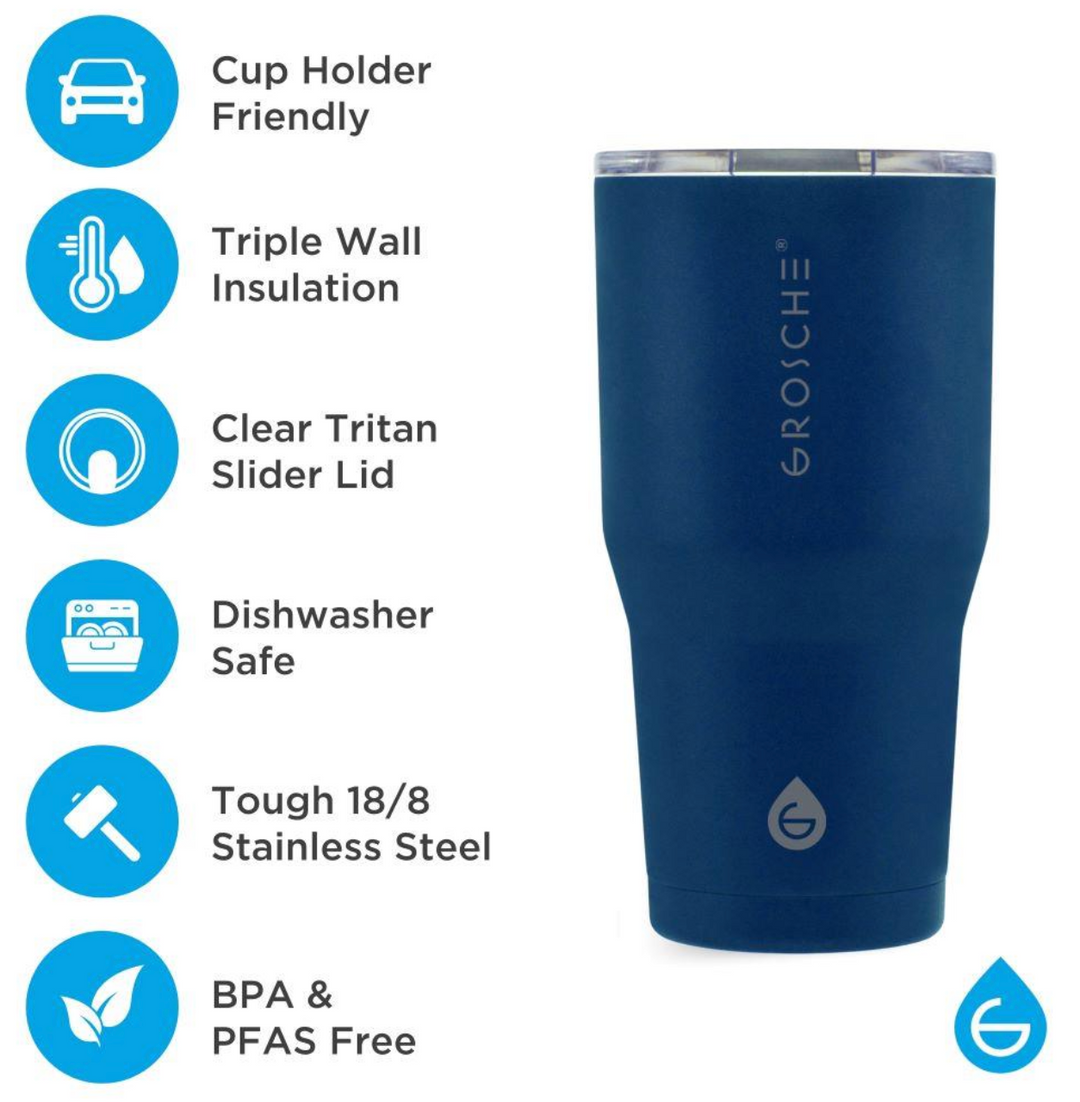 Grosche YUKON 20oz Stainless Steel Travel Tumbler Mountain Blue triple-wall insulation, tough 18/8 stainless steel cup