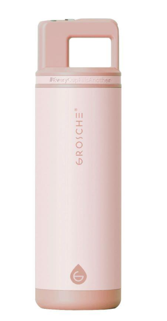 Grosche ALPINE Flip n' Sip Stainless Steel 20oz Flask Rose Pink with flip straw lid closed for leak-proof sealing