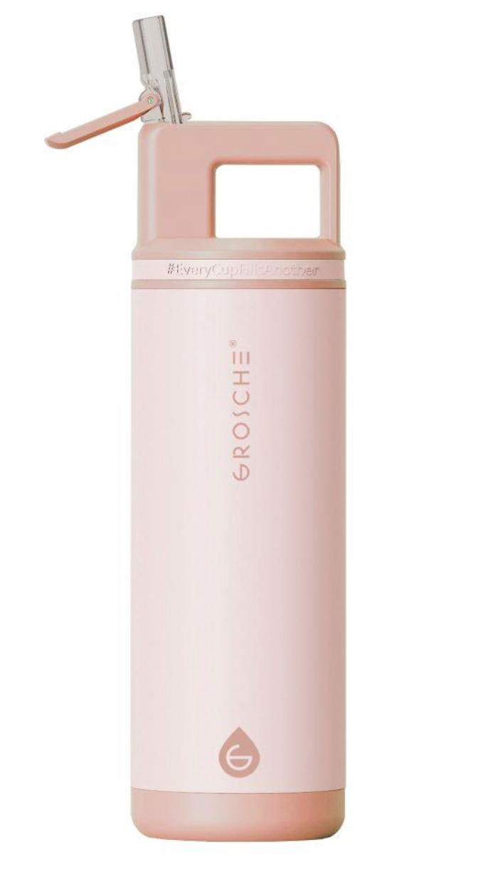 Grosche ALPINE Flip n' Sip Stainless Steel 20oz Flask Rose Pink with flip straw lid open for easy sipping