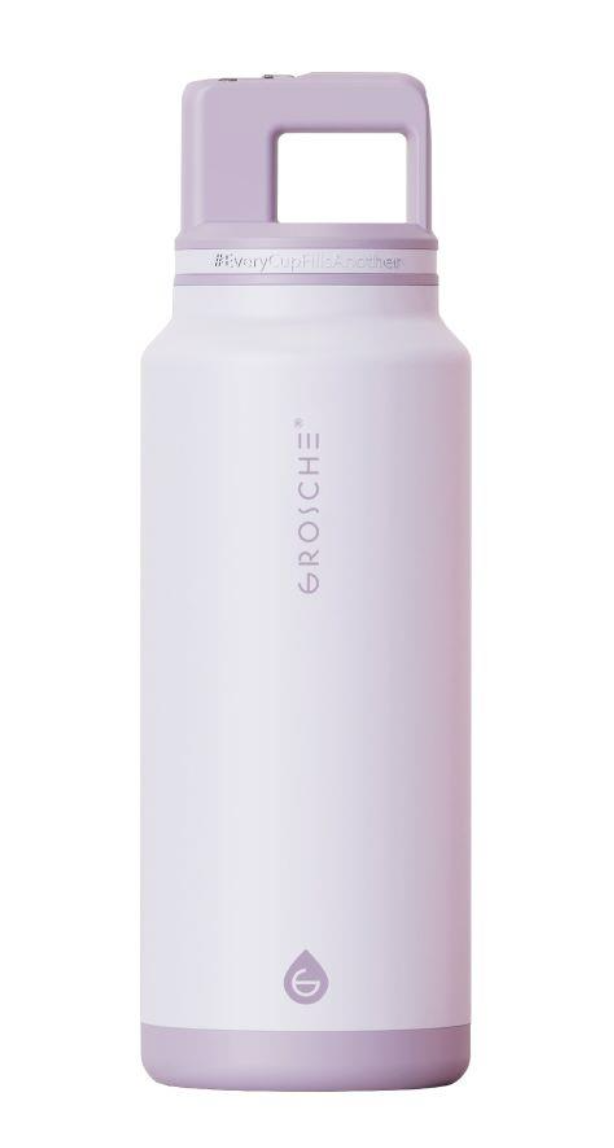 Grosche ALPINE Flip n' Sip Stainless Steel 40oz Flask Lavender with flip straw lid closed for leak-proof sealing