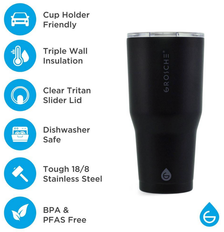Grosche YUKON 30oz Stainless Steel Tumbler Graphite Black triple-wall insulation, tough 18/8 stainless steel cup