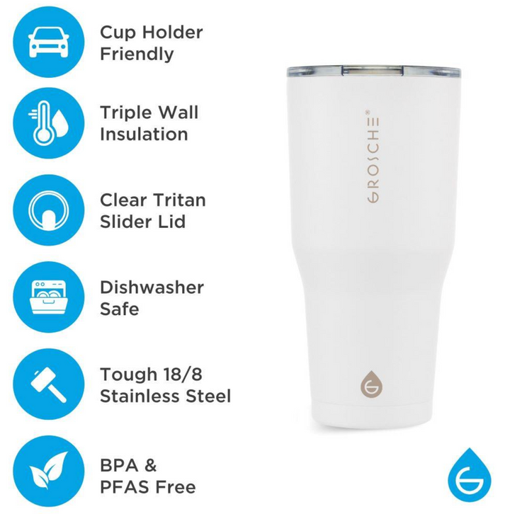 Grosche YUKON 30oz Stainless Steel Tumbler Cream White triple-wall insulation, tough 18/8 stainless steel cup